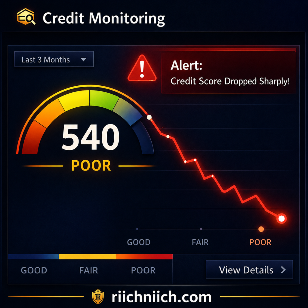 13 warning signs someone stole your identity: Credit score drop alert dashboard