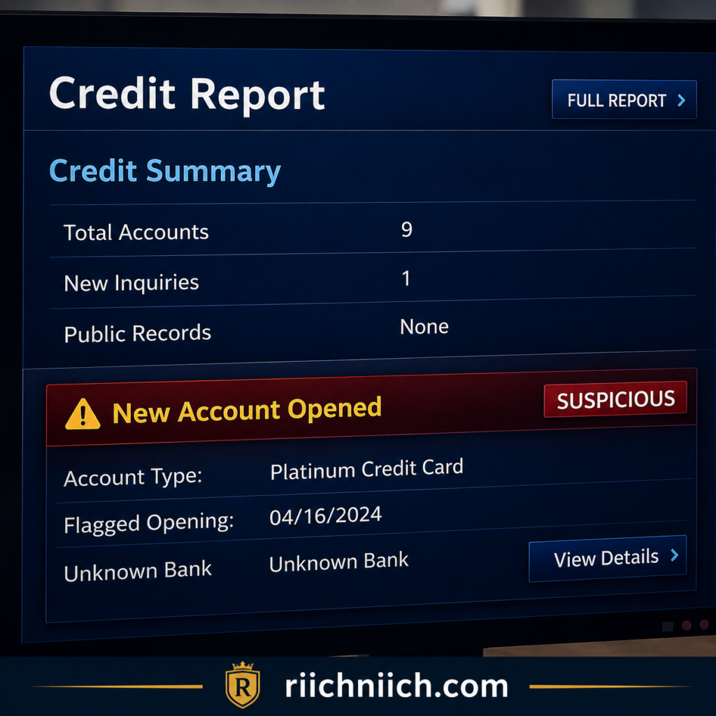 13 warning signs someone stole your identity: Credit report dashboard with alert panel