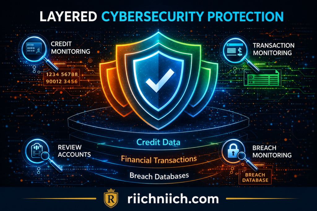 13 warning signs someone stole your identity: Layered cybersecurity protection infographic