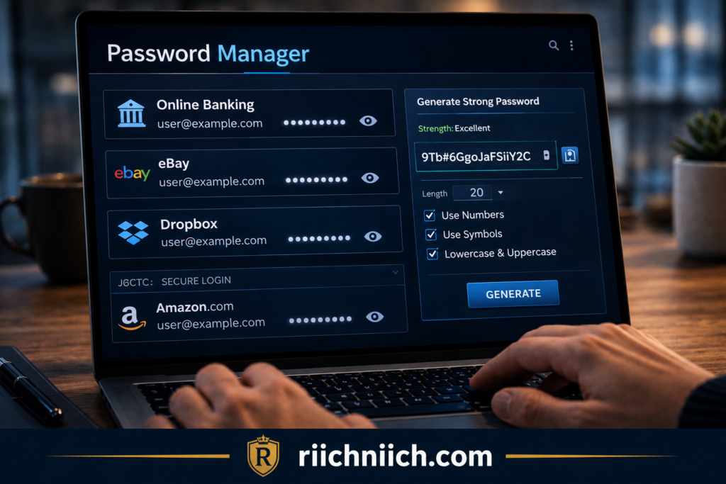 13 warning signs someone stole your identity: Password manager on modern desk setup