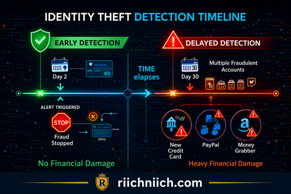 13 warning signs someone stole your identity: Identity theft detection timeline infographic