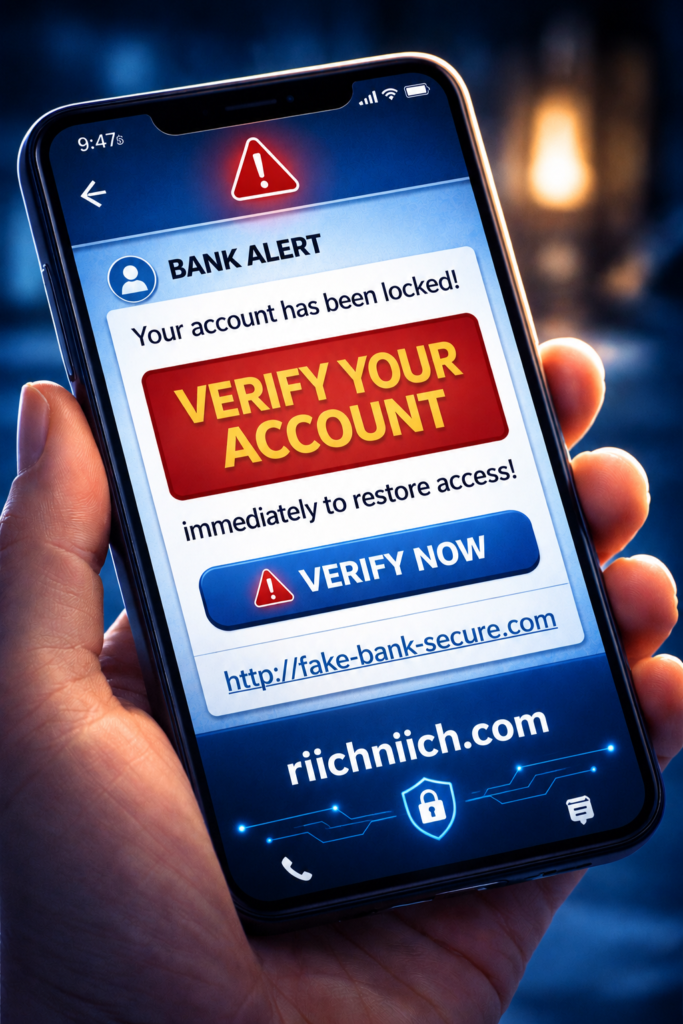 how identity theft happens: Bank alert on smartphone screen
