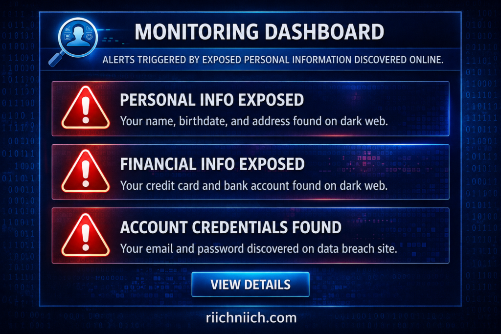 how identity theft happens: Cybersecurity monitoring dashboard alert