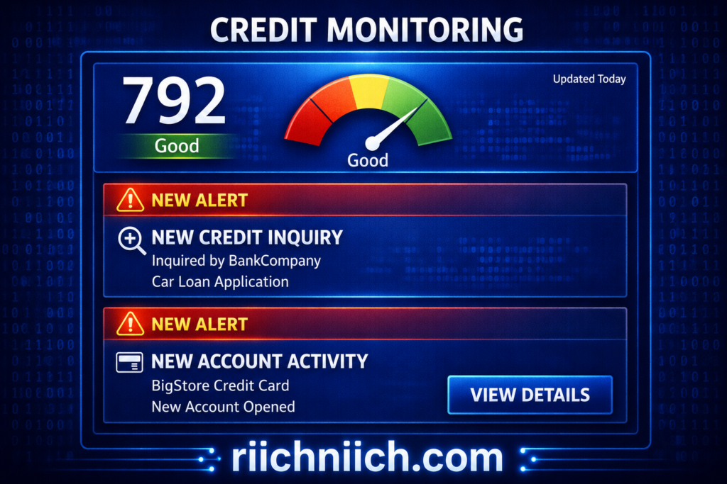 how identity theft happens: Futuristic credit monitoring dashboard