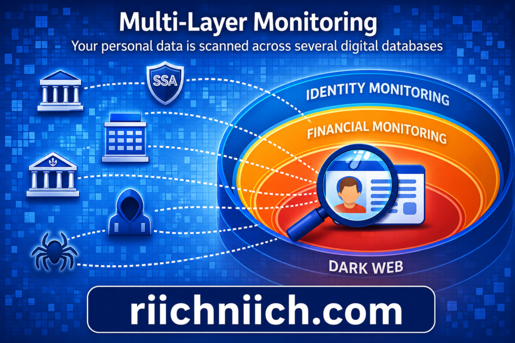 Is Aura Better Than Free Credit Monitoring: Multi-layered digital monitoring infographic