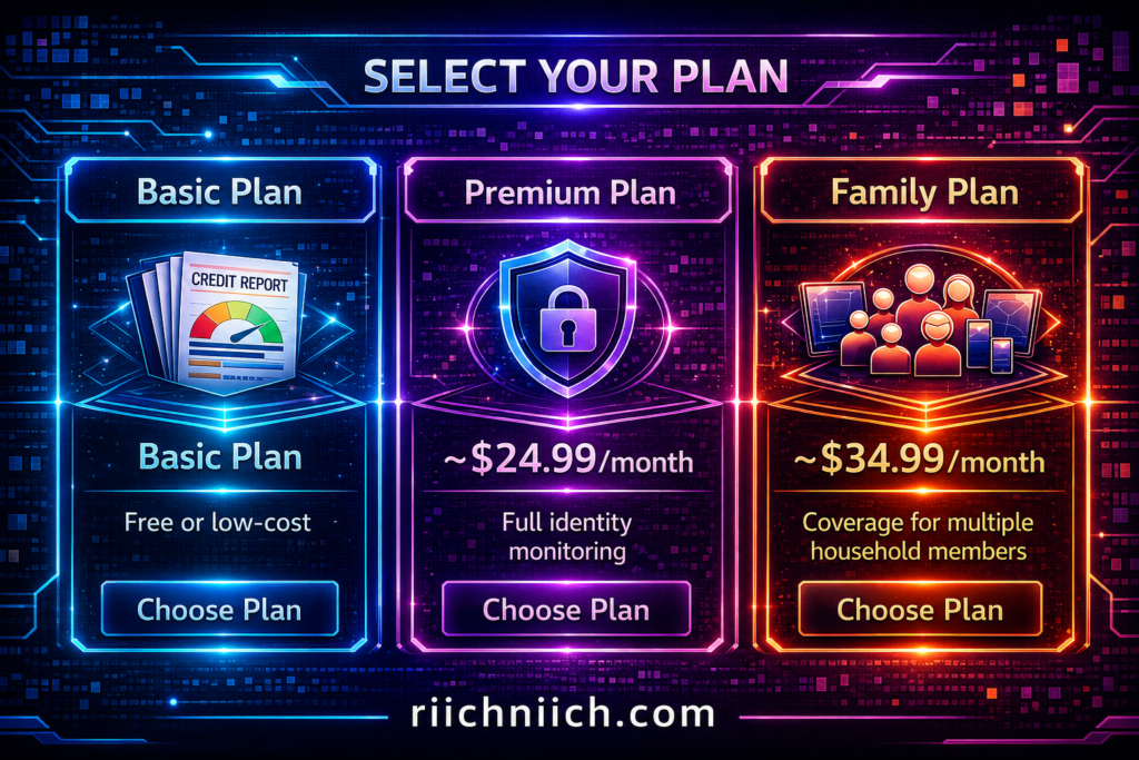 Aura vs Experian IdentityWorks: Futuristic digital pricing plans layout