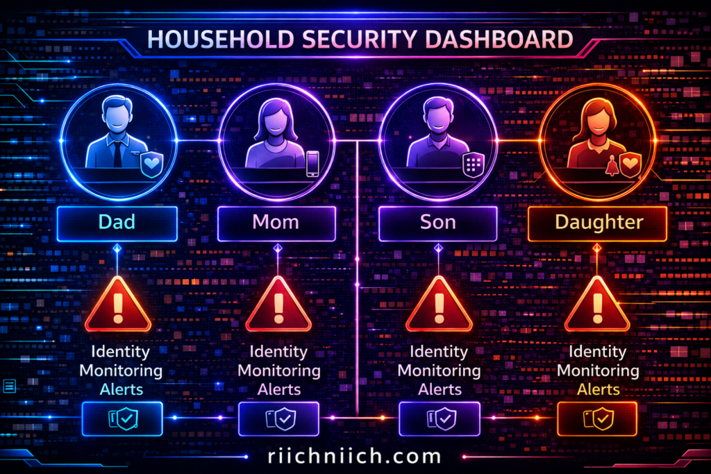 Aura vs Experian IdentityWorks: Futuristic household security dashboard interface