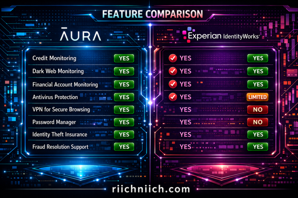 Aura vs Experian IdentityWorks: Futuristic feature comparison chart