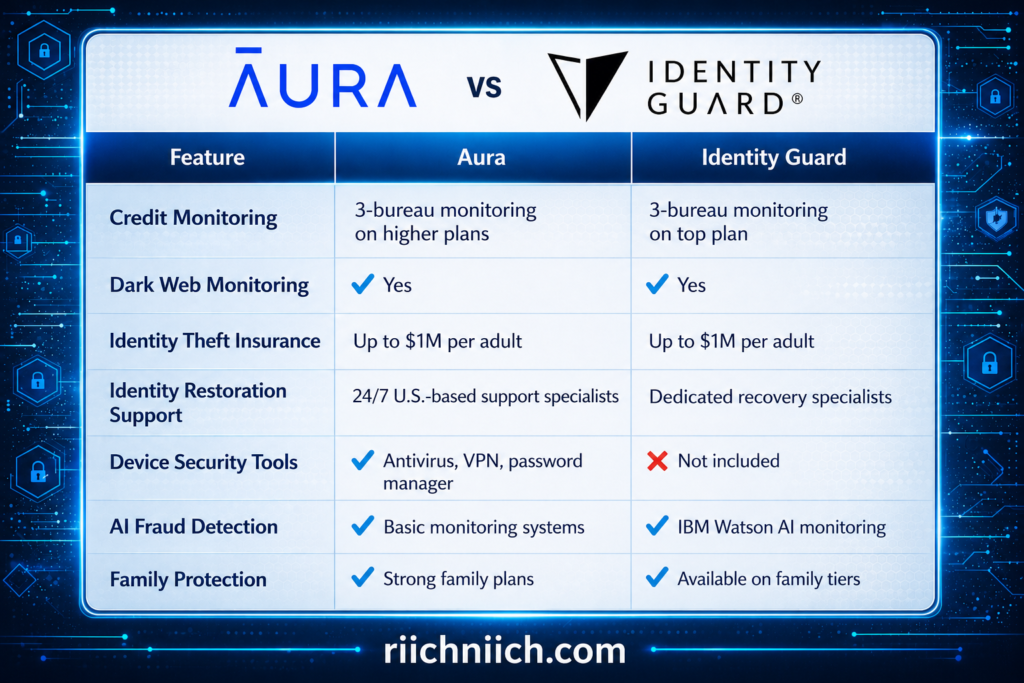 Aura vs Identity Guard: Service comparison chart for security features