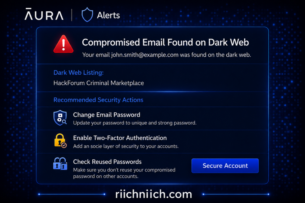 Aura vs Identity Guard: Cybersecurity alert dashboard: compromised email