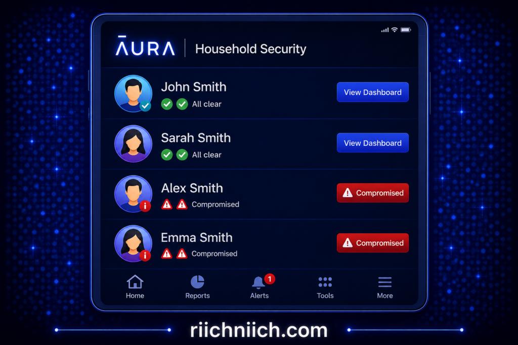 Aura vs Identity Guard: Futuristic security app dashboard interface