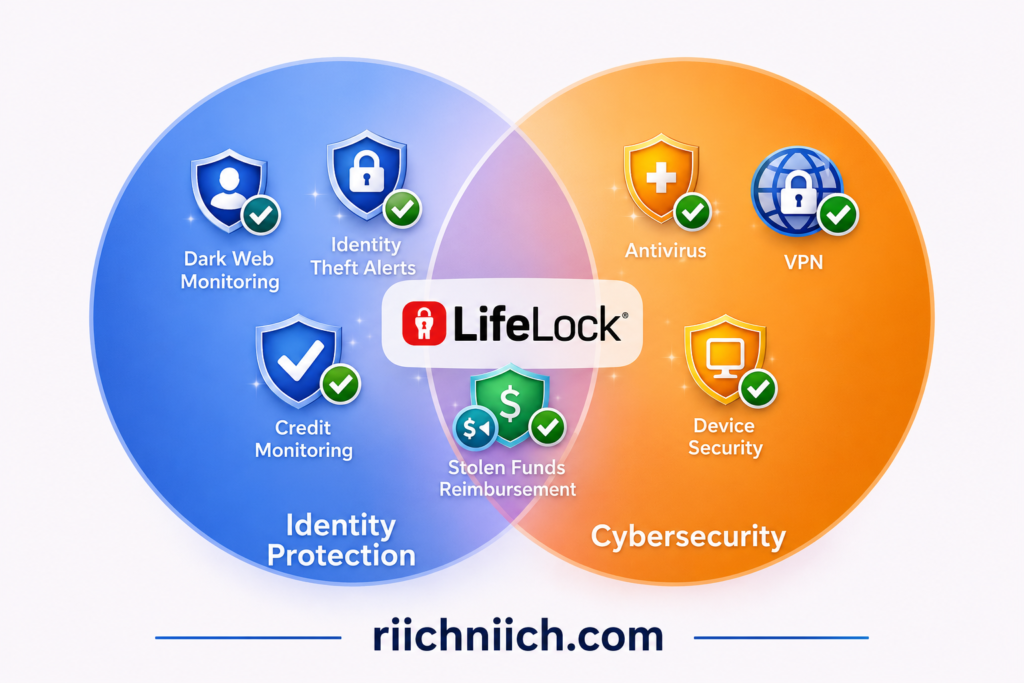Aura or LifeLock: Identity protection and cybersecurity infographic