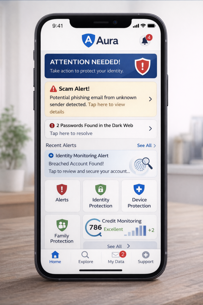 Aura vs Identity Guard: Smartphone showing Aura security alerts