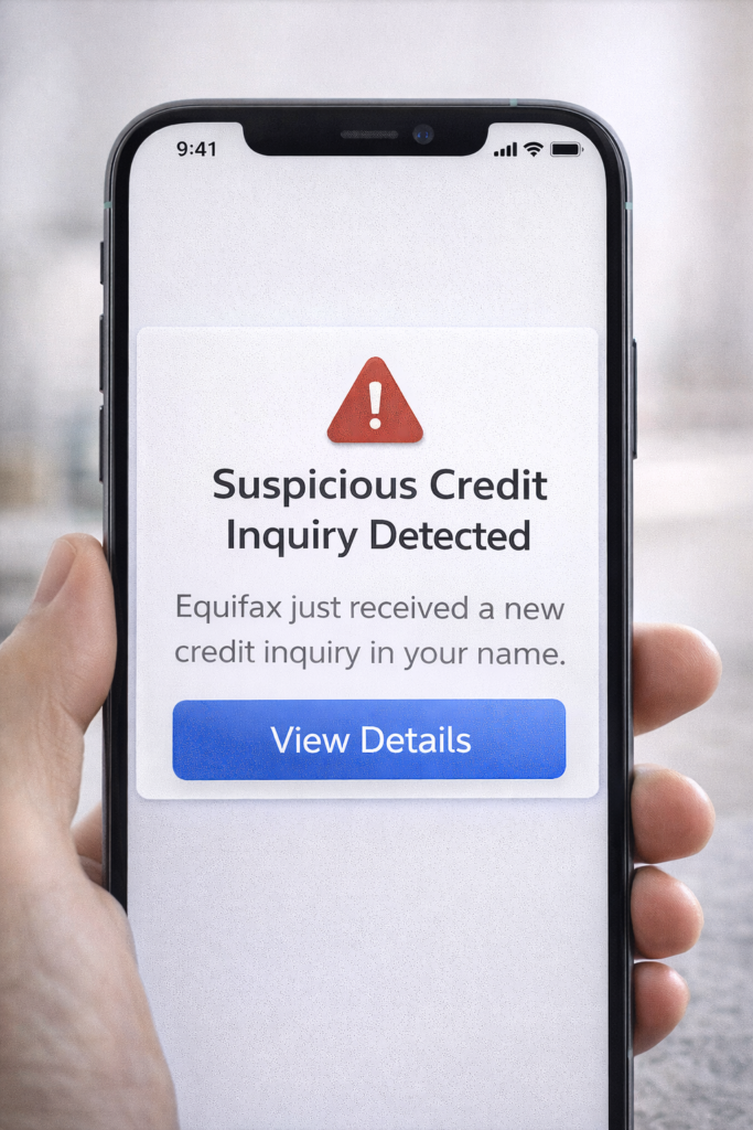 Aura vs Identity Guard: Suspicious credit inquiry alert on smartphone
