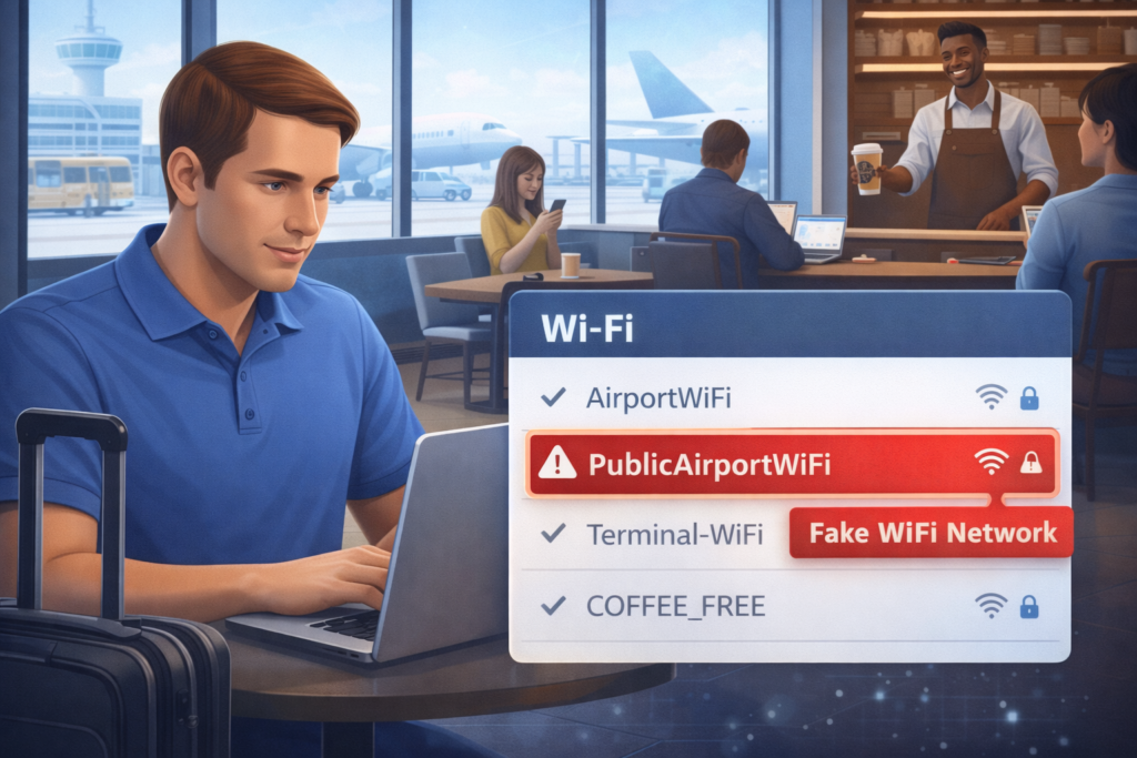 Do You Really Need Identity Theft Protection in 2026?: Airport café with Wi-Fi warning