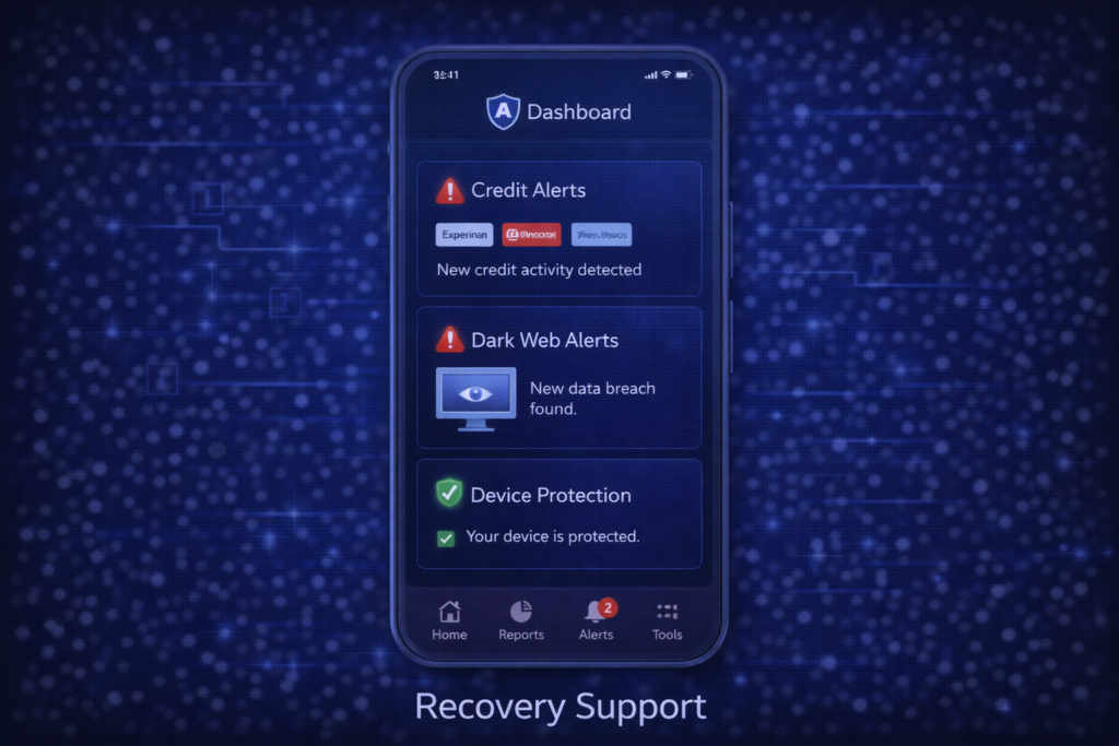 Aura vs Identity Guard: Mobile security dashboard with alerts