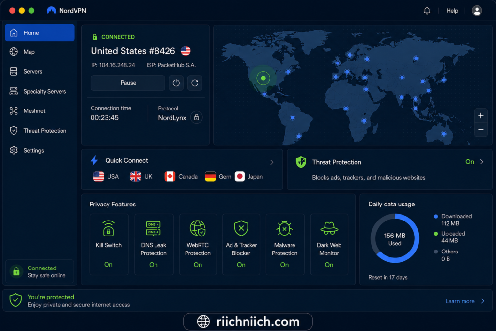 best VPN for privacy: NordVPN desktop dashboard in dark mode