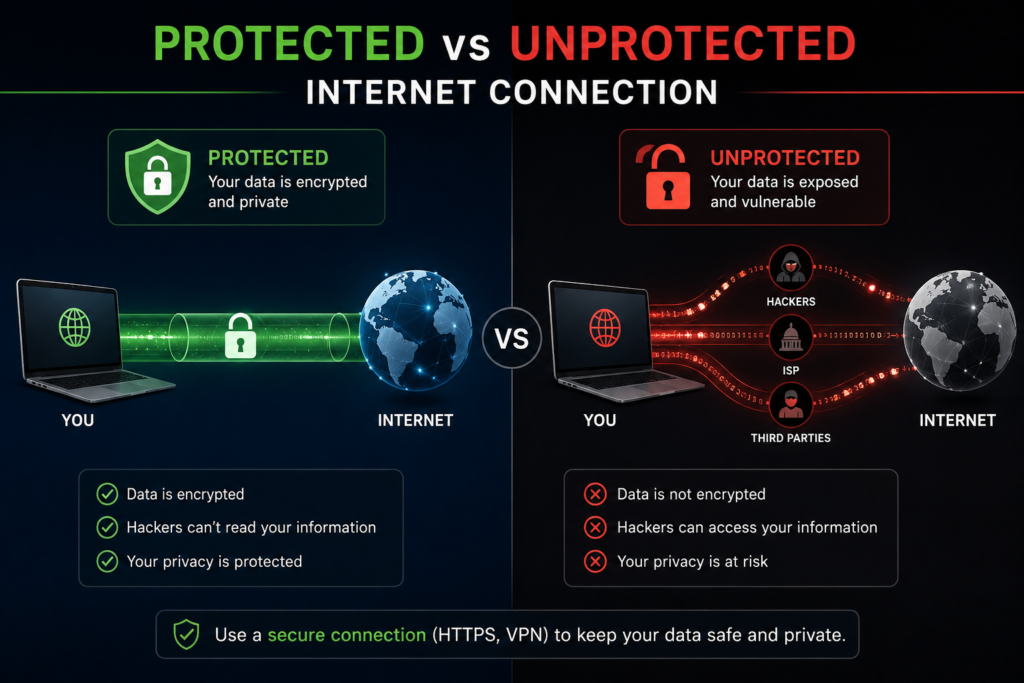 best VPN for privacy: Protected vs unprotected internet security infographic