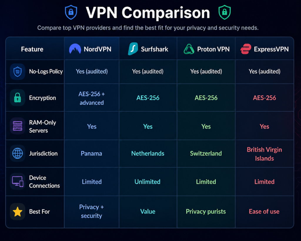 best VPN for privacy: VPN comparison infographic with tech design