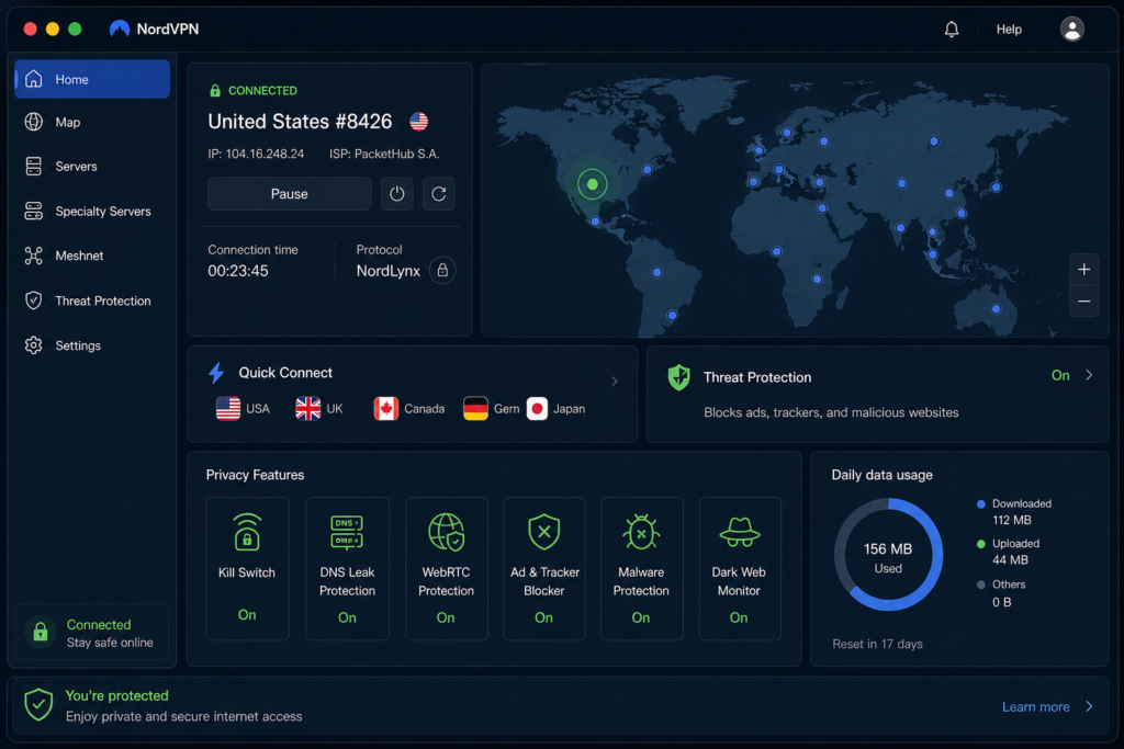 best VPN for privacy: Modern VPN dashboard with global map