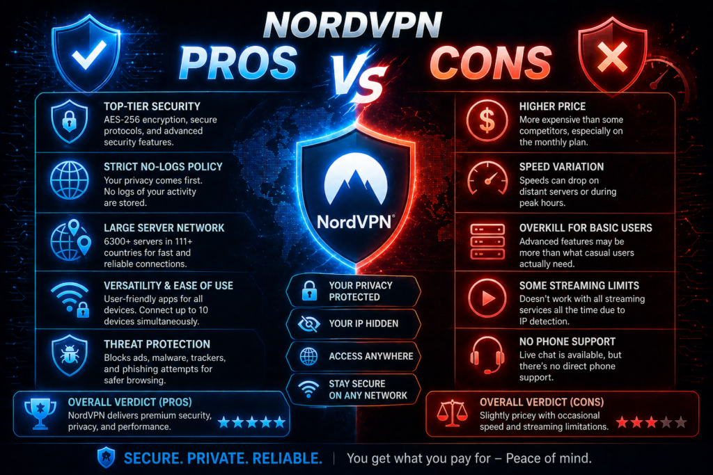 is NordVPN worth it: NordVPN pros and cons infographic