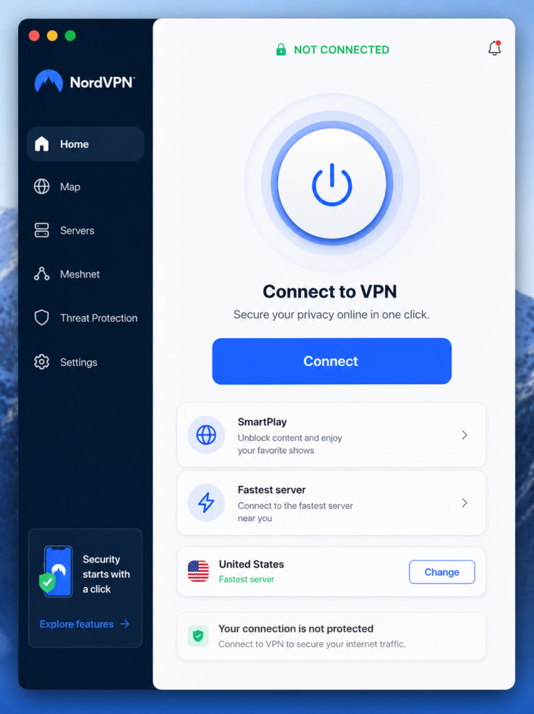 is NordVPN worth it: Modern VPN app interface mockup