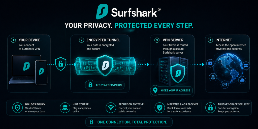 is surfshark worth it: Surfshark VPN tech infographic design