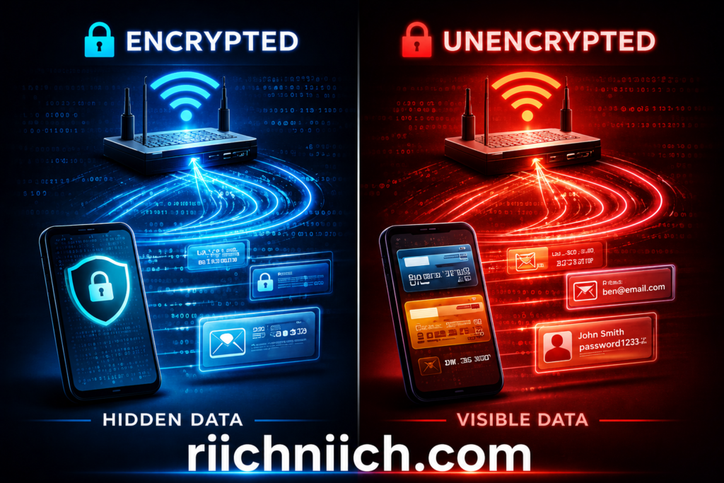 public WiFi dangers: Encrypted vs unencrypted data flow