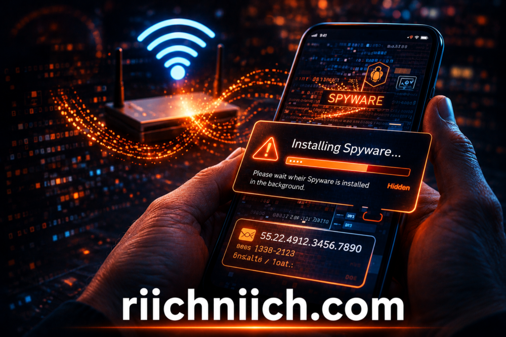 public WiFi dangers: Digital spyware installation warning close-up