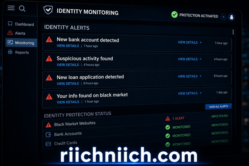 public WiFi dangers: Identity monitoring dashboard interface