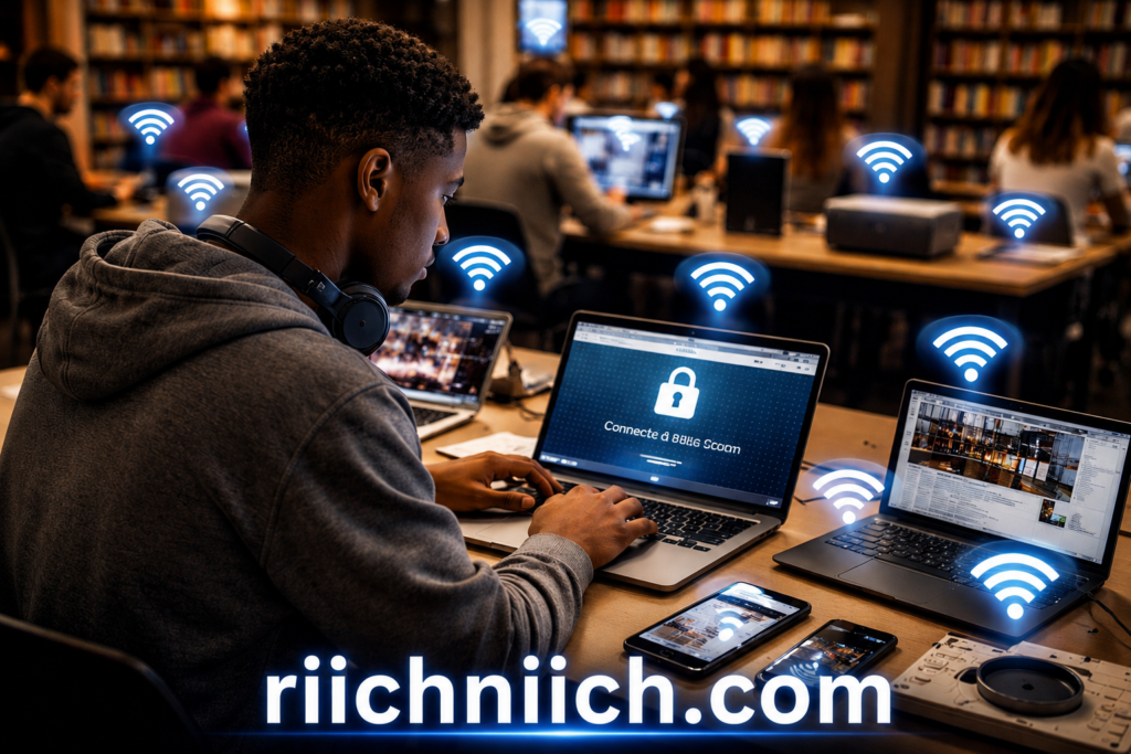 public WiFi dangers: Modern study hub with tech vibe