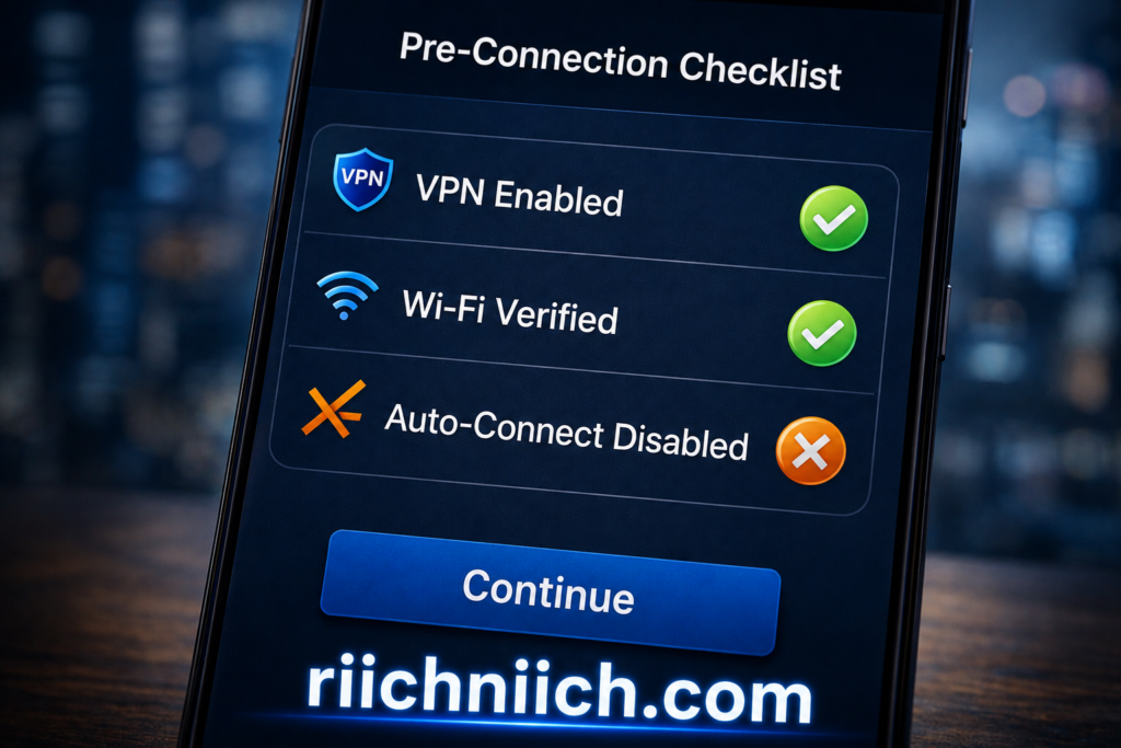 public WiFi dangers: Pre-connection checklist on mobile screen