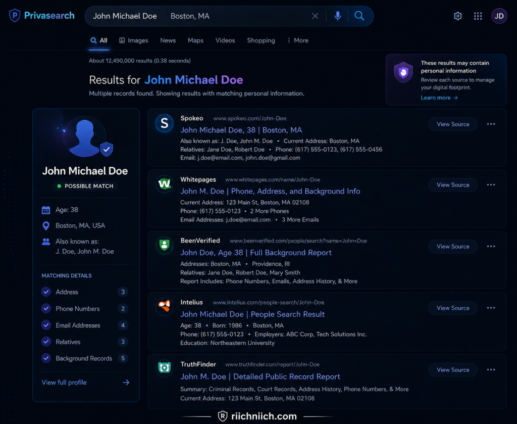 how to remove your personal information from the internet: Privasearch results dashboard on dark theme
