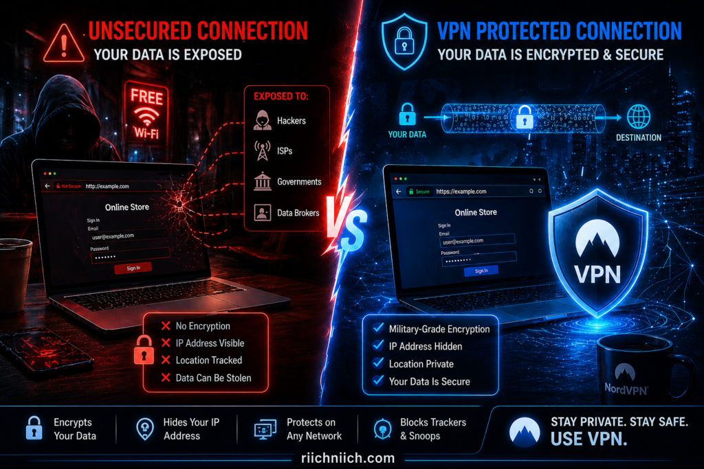 is NordVPN worth it: Unsecured vs VPN Protected Connection