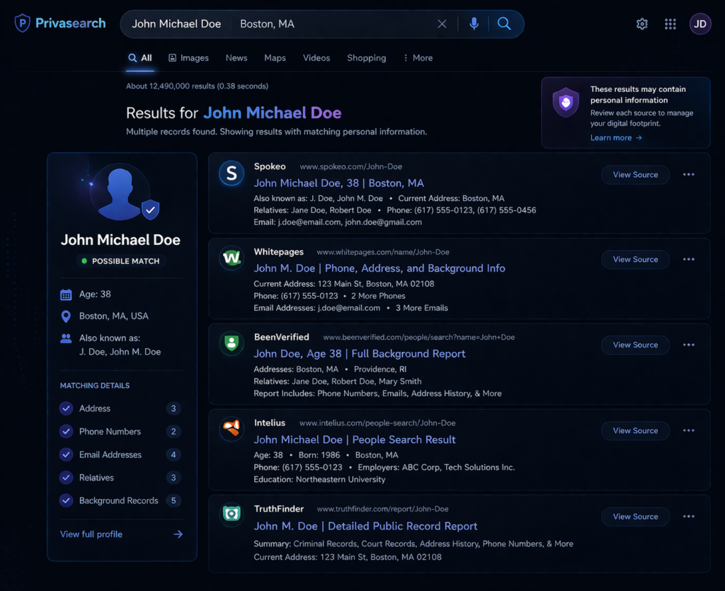 how to remove your personal information from the internet: Privasearch results dashboard mockup