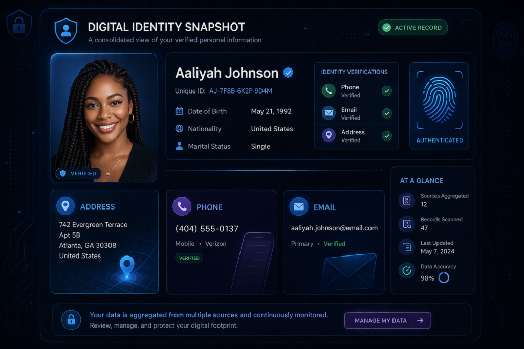 how to remove your personal information from the internet: Digital identity dashboard with verification details