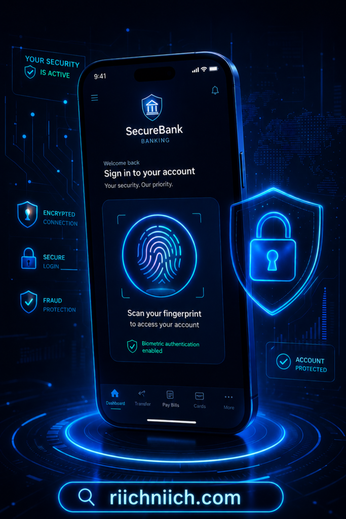 is online banking safe: SecureBank: futuristic mobile security interface