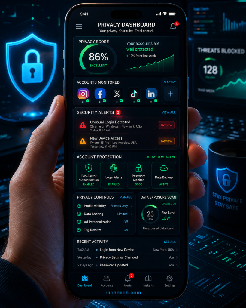 how to stay safe on social media: Privacy dashboard on sleek smartphone