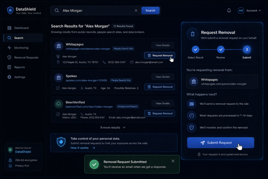 how to remove your personal information from the internet: DataShield removal workflow interface

