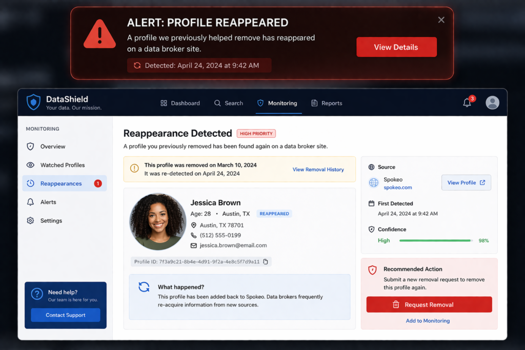 how to remove your personal information from the internet: Profile reappeared detection dashboard