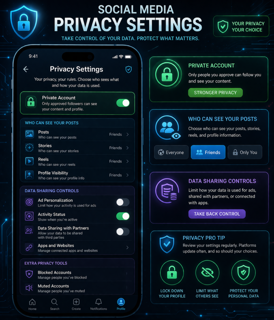 how to stay safe on social media: Futuristic privacy settings dashboard
