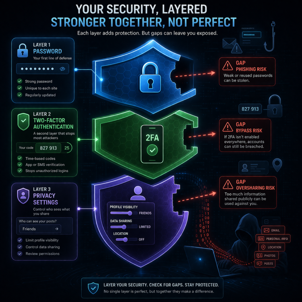 how to stay safe on social media: Layered security: strength and gaps