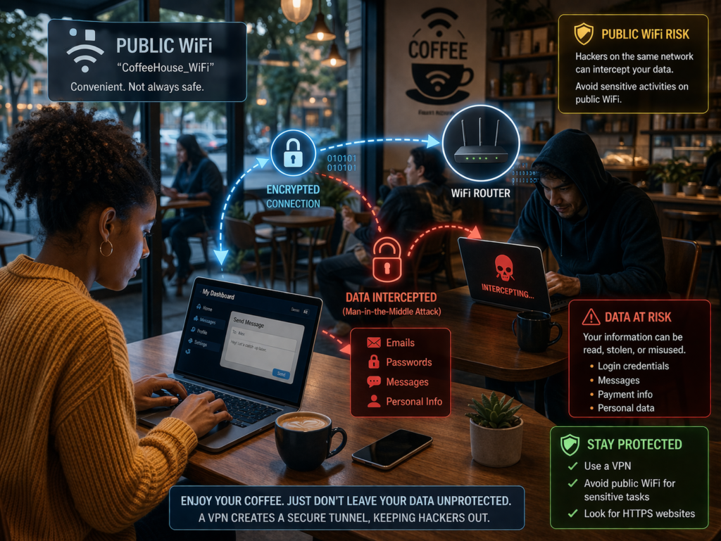 how to stay safe on social media: Cybersecurity tips in a cozy café