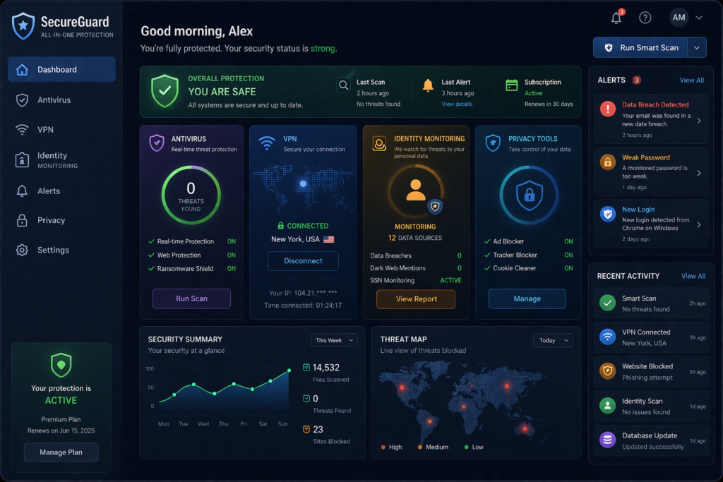 how to stay safe on social media: SecureGuard dashboard overview