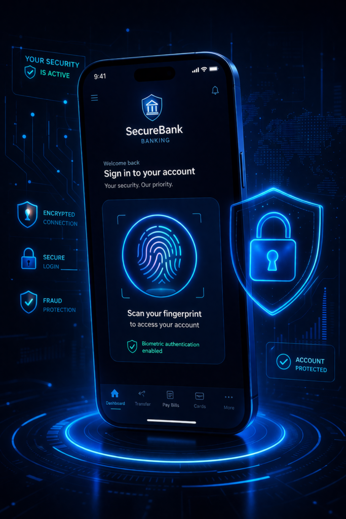 Is Online Banking Safe: SecureBank biometric login interface