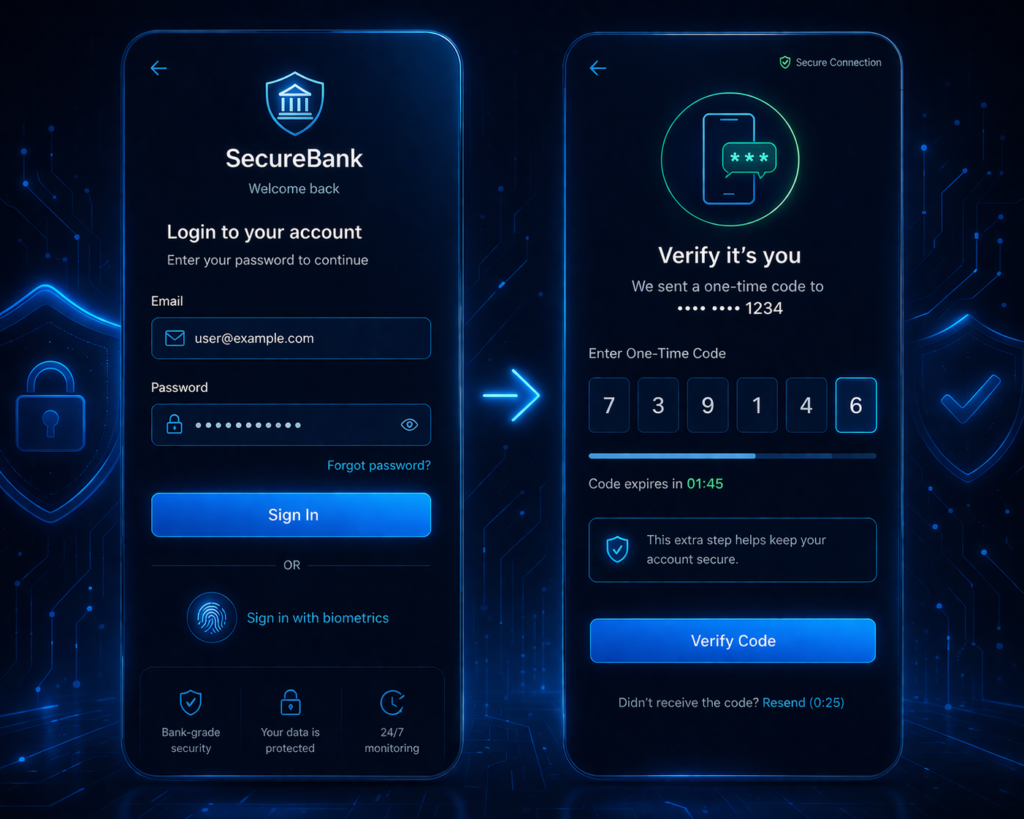 Is online banking safe: Futuristic banking login and verification UI