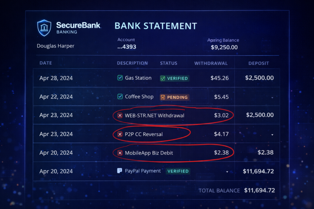 Is online banking safe: Bank statement with marked transactions