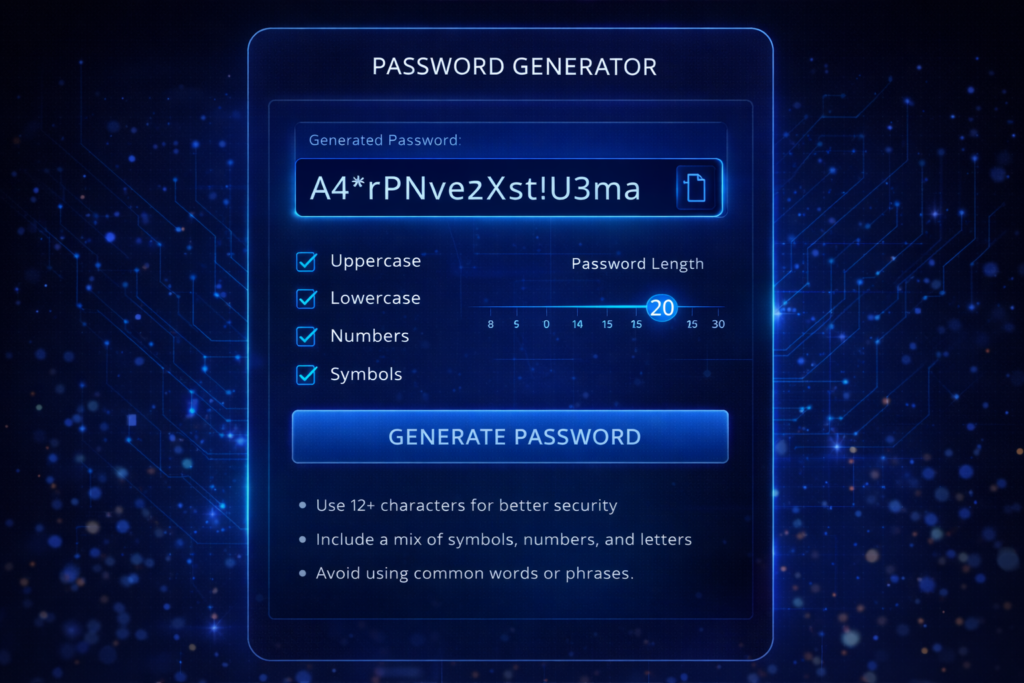 Is online banking safe: Password generator interface with neon accents