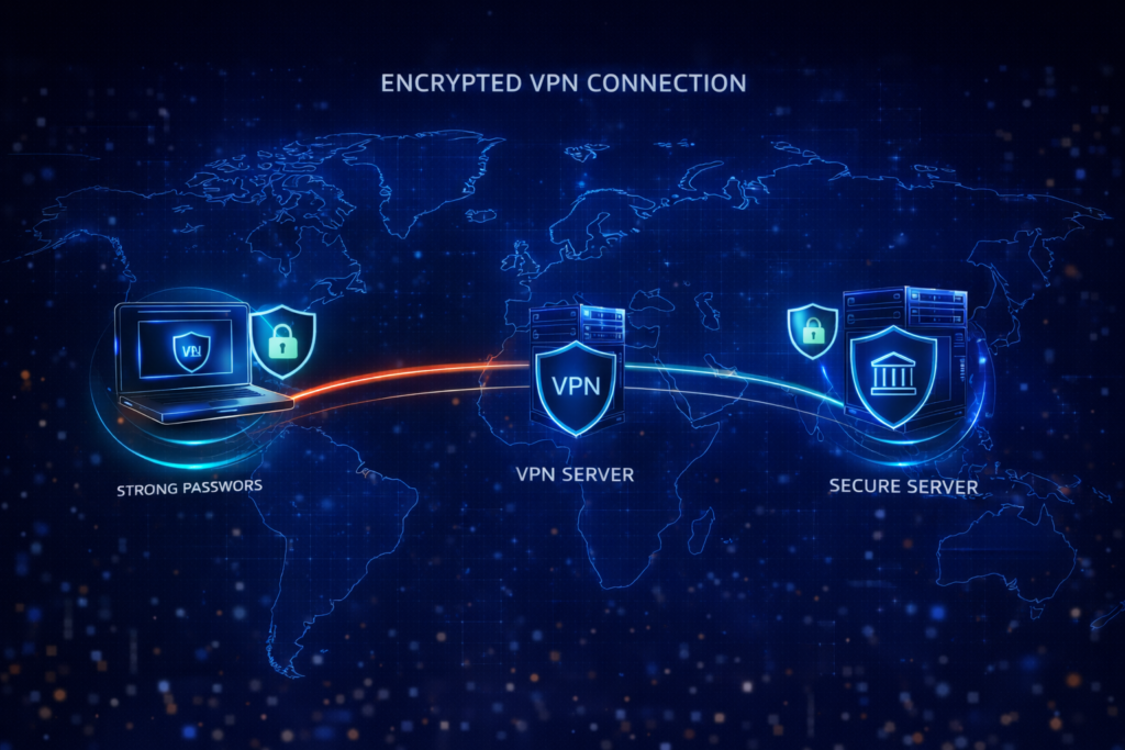 Is online banking safe: Encrypted VPN connection concept illustration