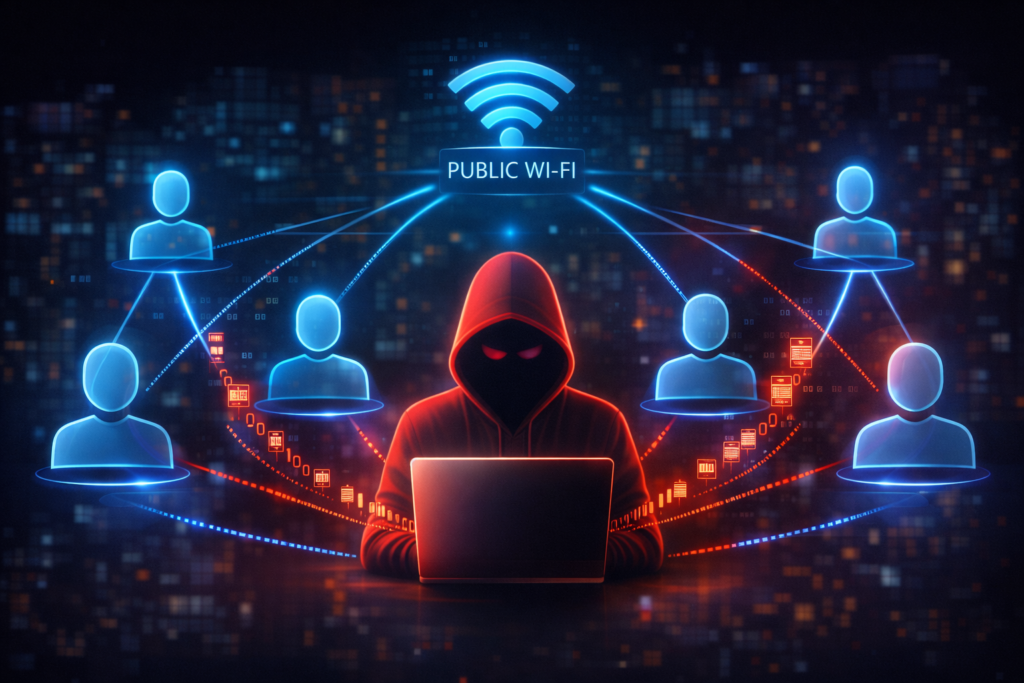 Cybersecurity Tips Everyone Should Know: Hacker connected to public Wi-Fi